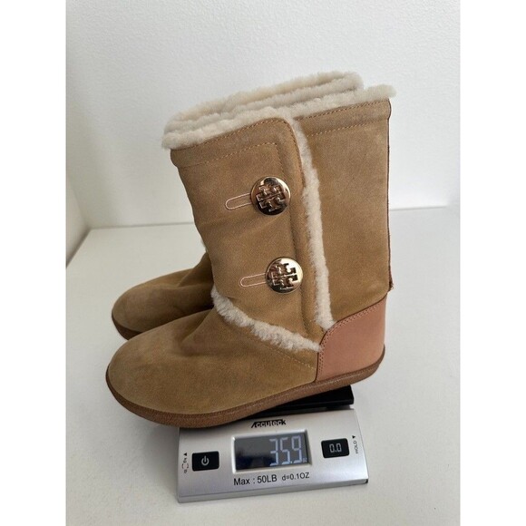 Tory Burch Shearling Leather Mid Calf Boots Gold Detail Fur Lined Women's 6.5 - Picture 12 of 13